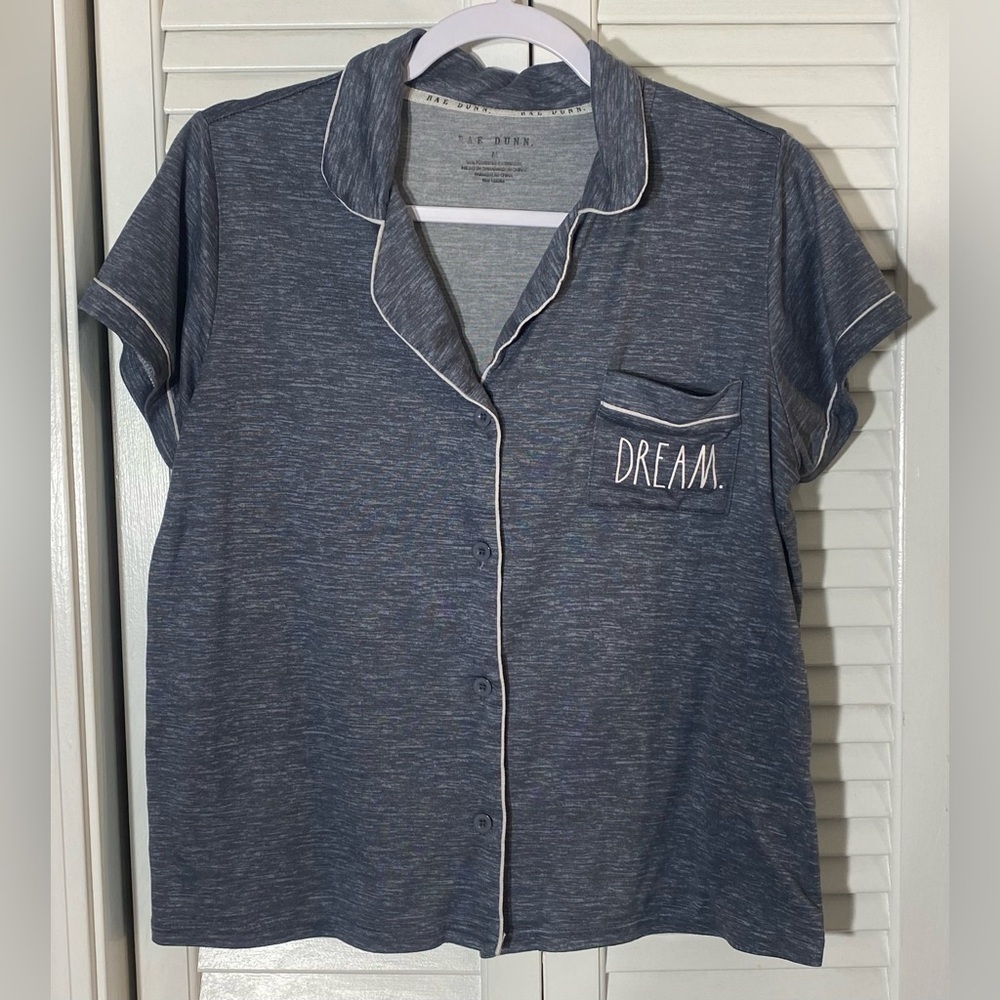 Rae Dunn PJ/Lounge Top “Dream” Gray Short Sleeve Button Up Notch Collar Sz M
